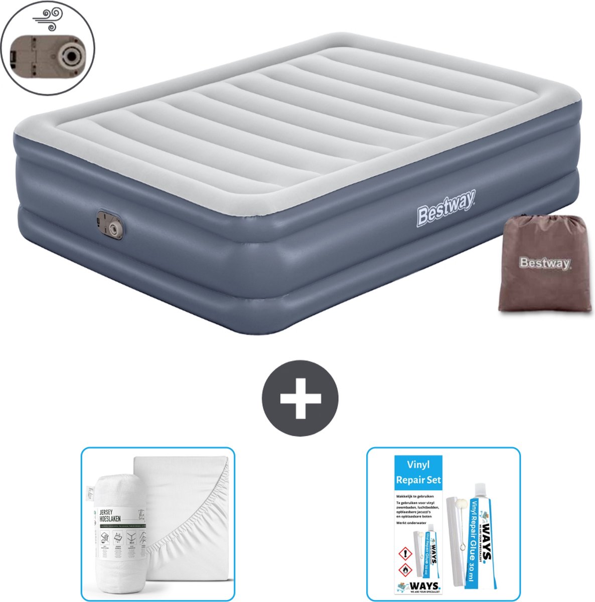 Bestway luchtbed - 2-Persoons - 152 x 203 x 51 cm - Grijs - Inclusief pomp - Hoeslaken en Reparatieset