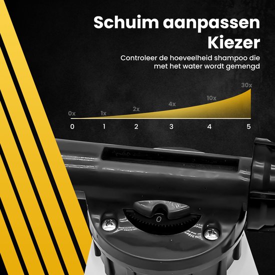 Detail van een zwart pistool met een schaalverdeling voor schuiminstelling en de tekst 'Schuim aanpassen'.