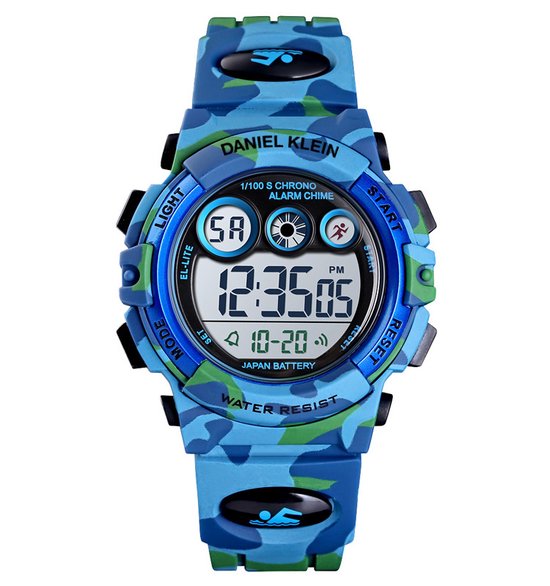 Daniel Klein-model dk1547 3-kinderhorloge-digitaal-stopwatch-5 bar waterdicht-alarm-blauw/groen-backlight