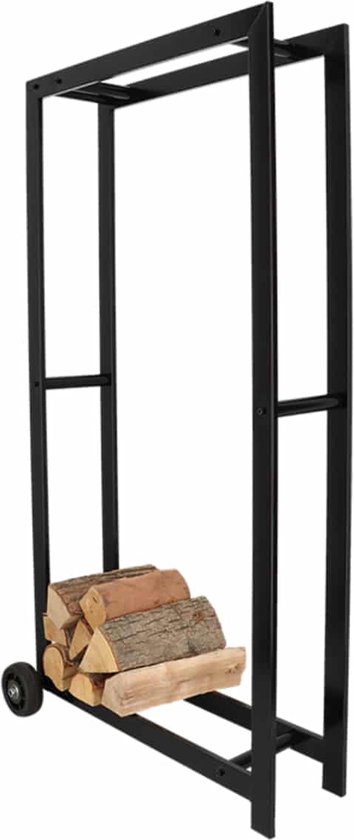 Zwart metalen rek met twee wielen, met een paar blokken hout onderaan.