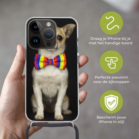 Étui de téléphone adapté à Apple Iphone 14 Pro - Chien - Noeud - Zwart - Siliconen - Bandoulière - Coque arrière avec cordon - Étui de téléphone avec cordon - Étui avec corde