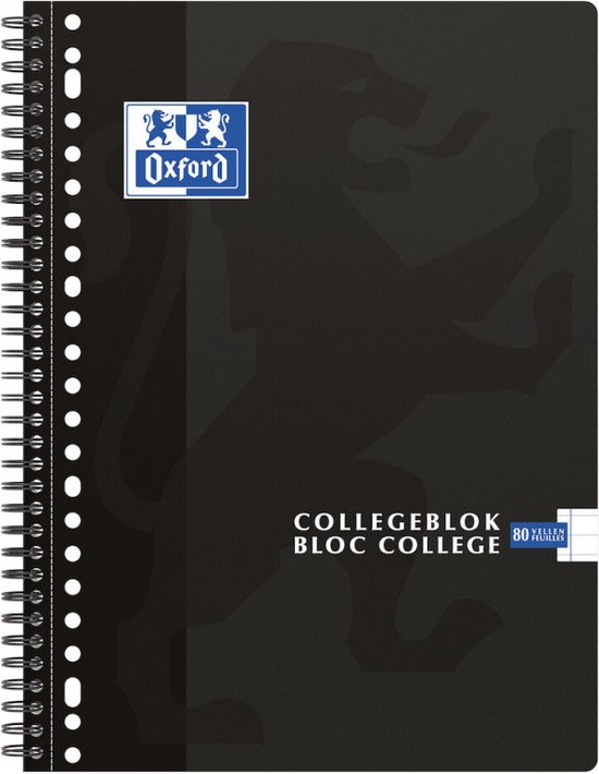 Zwart Oxford collegeblok met reliëf van een leeuw, 'COLLEGEBLOK BLOC COLLEGE' en Oxford logo.