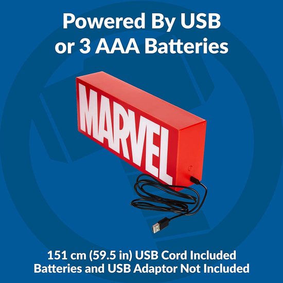 Rood Marvel logo licht, met USB-kabel, aangeduid als 'Powered By USB or 3 AAA Batteries'.