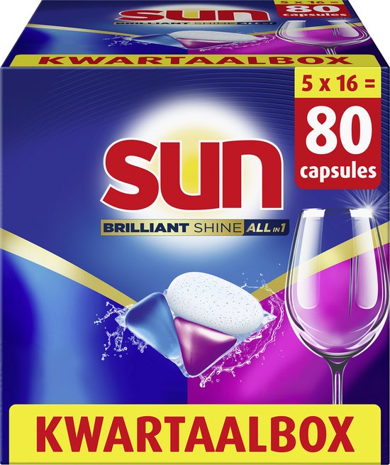 Sun - Vaatwascapsules - Brilliant Shine - All-in 1 - een capsule met Active Oxygen+ - 5 x 16 Vaatwastabletten - Voordeelverpakking