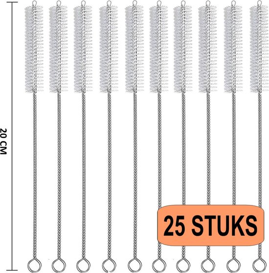 Tien zilverkleurige RVS rietjesborstels van 20 cm, met oranje "25 STUKS" etiket.