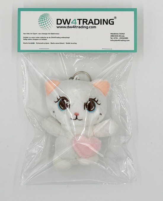 DW4Trading Sleutelhanger Witte Schattige Kitten met Roze Hartje - Kitty