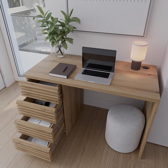 Bisett 120x60 - bureau à tiroirs - 4 tiroirs - bureau d'ordinateur - sommier à lattes - marron - chêne traditionnel - Maxi Maja