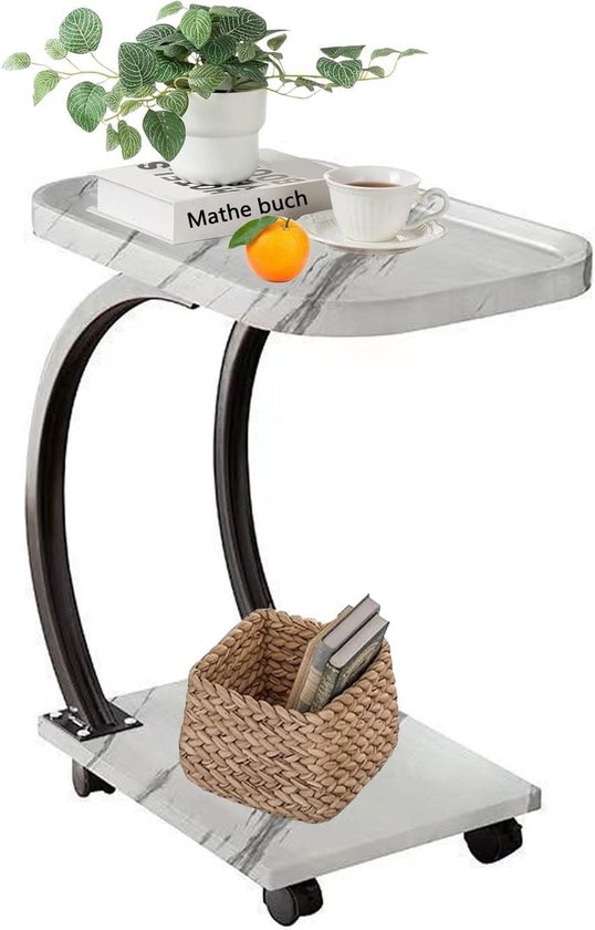Bijzettafel C-vorm, bijzettafel, salontafel met wieltjes, banktafel met 2 niveaus, 52 x 34 x 60 cm, koffietafel, bijzettafel, voor koffie en laptop (wit)