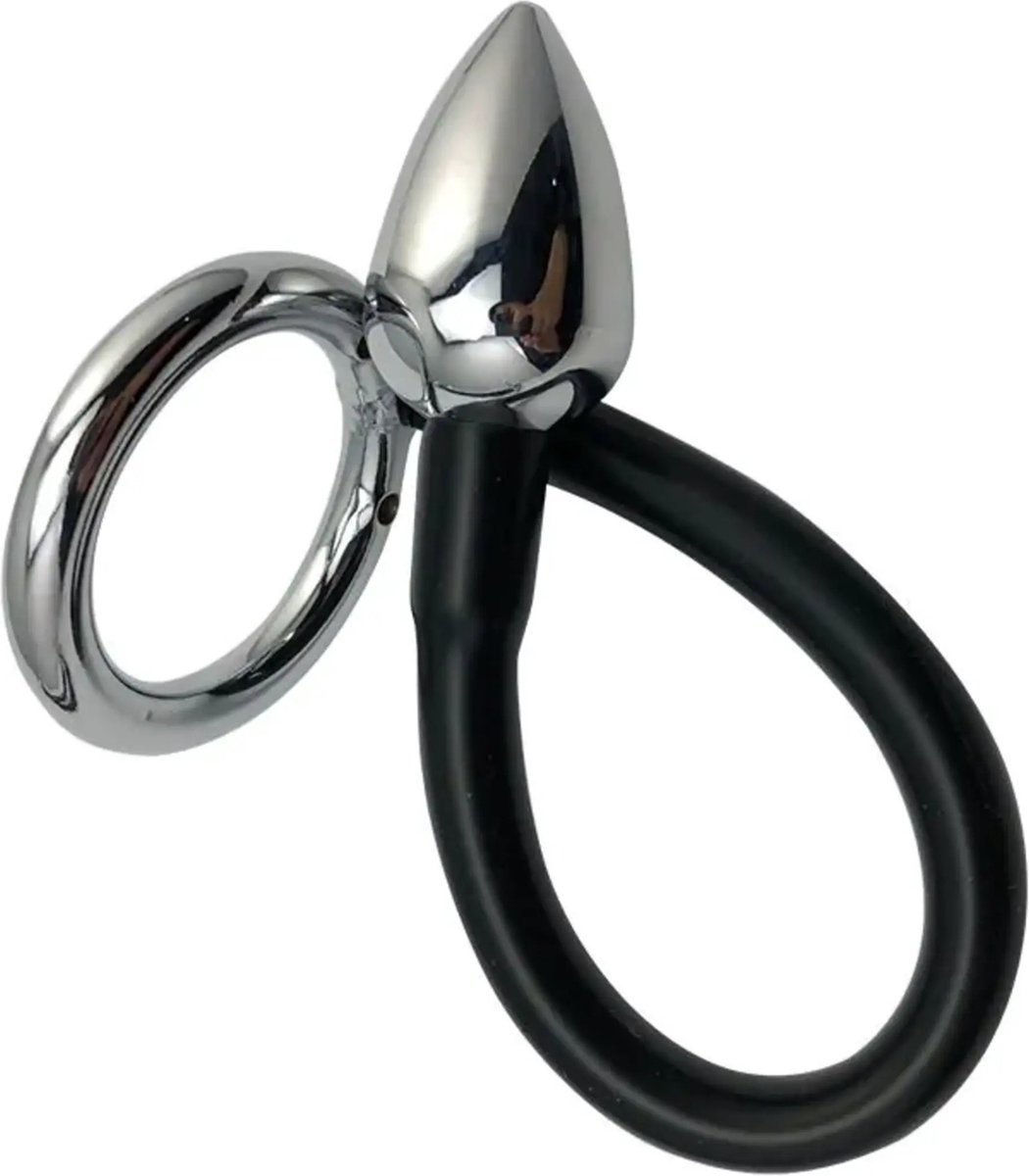 Goedkoopste Fixxx - Metalen Cockring met Metalen Buttplug aan Siliconen Koord - 45 mm