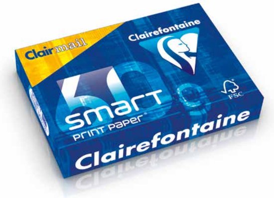 Clairefontaine Smart printpapier A4 pak met 500 vellen, 60 gsm. Blauwe verpakking met gele zijde.