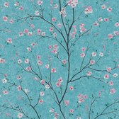 Bloemen behang Profhome 379123-GU vliesbehang licht gestructureerd met bloemen patroon mat turkoois roze zwart grijs 5,33 m2