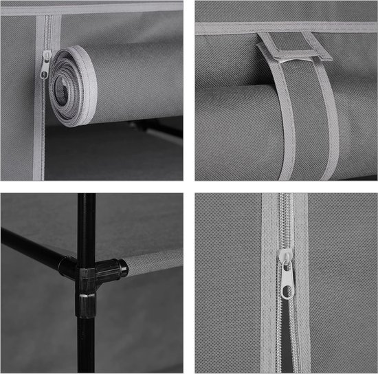 Opvouwbare stoffen kast – opbergen van kleding, draagbaar, met ritssluiting en kaststang, om op te hangen, voor buiten, grijs, 172 x 134 x 43 cm
