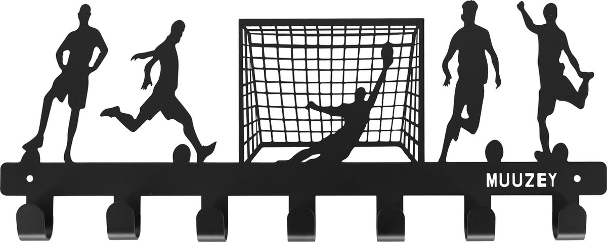 Muuzey Kinderkapstok – Voetbal - Football - Kinderkamer - Babykamer kapstokken - Zwarte wandkapstok - Kapstok kinderkamer - Babykamer - Babykamer accessoires - Kinderkapstok haakjes - Voetbal kapstokken - Met bevestigingsmateriaal - 7 Haken
