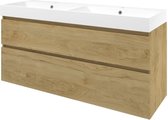 Proline Polystone Loft badmeubelset met wastafelonderkast asymmetrisch met 2 laden en mat witte wastafel met 2 kraangaten 140 x 46 x 62 cm, ideal oak