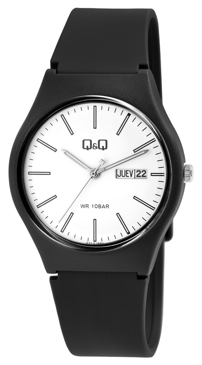 Q&Q-Horloge-Analoog-Kunstof-Dag/Datum aanduiding-Waterdicht-10BAR-Rubber band-Lichtgewicht-39MM