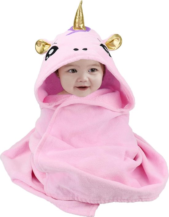 Babybadhanddoeken, katoen, eenhoorn, capuchonhanddoeken, badhanddoek meisjes, kinderhanddoek, babyhanddoek, capuchon voor pasgeborenen, cadeau, 90 x 90 cm, roze