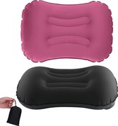 Pakket van 2 opblaasbare campingreiskussens, 2.0 ultralicht comfortabel opblaasbaar kussen nekkussen samendrukbaar compact voor kamperen reizen buiten kantoor (roze rood + zwart)