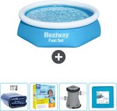 Bestway Rond Opblaasbaar Fast Set Zwembad - 244 x 61 cm - Blauw - Inclusief Solarzeil - Onderhoudspakket - Pomp - Vloertegels