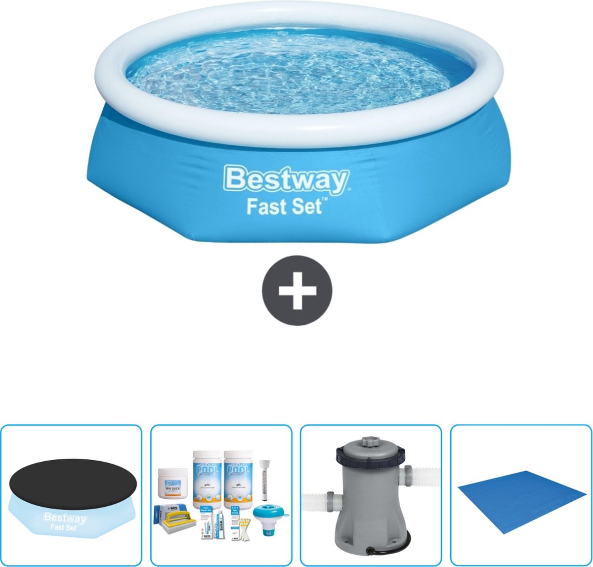 Bestway Rond Opblaasbaar Fast Set Zwembad - 244 x 61 cm - Blauw - Inclusief Afdekzeil - Onderhoudspakket - Pomp - Grondzeil