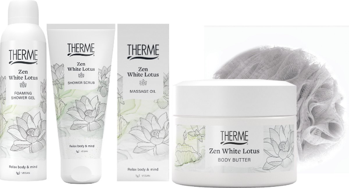 Goedkoopste Therme Cadeauset Zen White Lotus Douche, Body & Puff