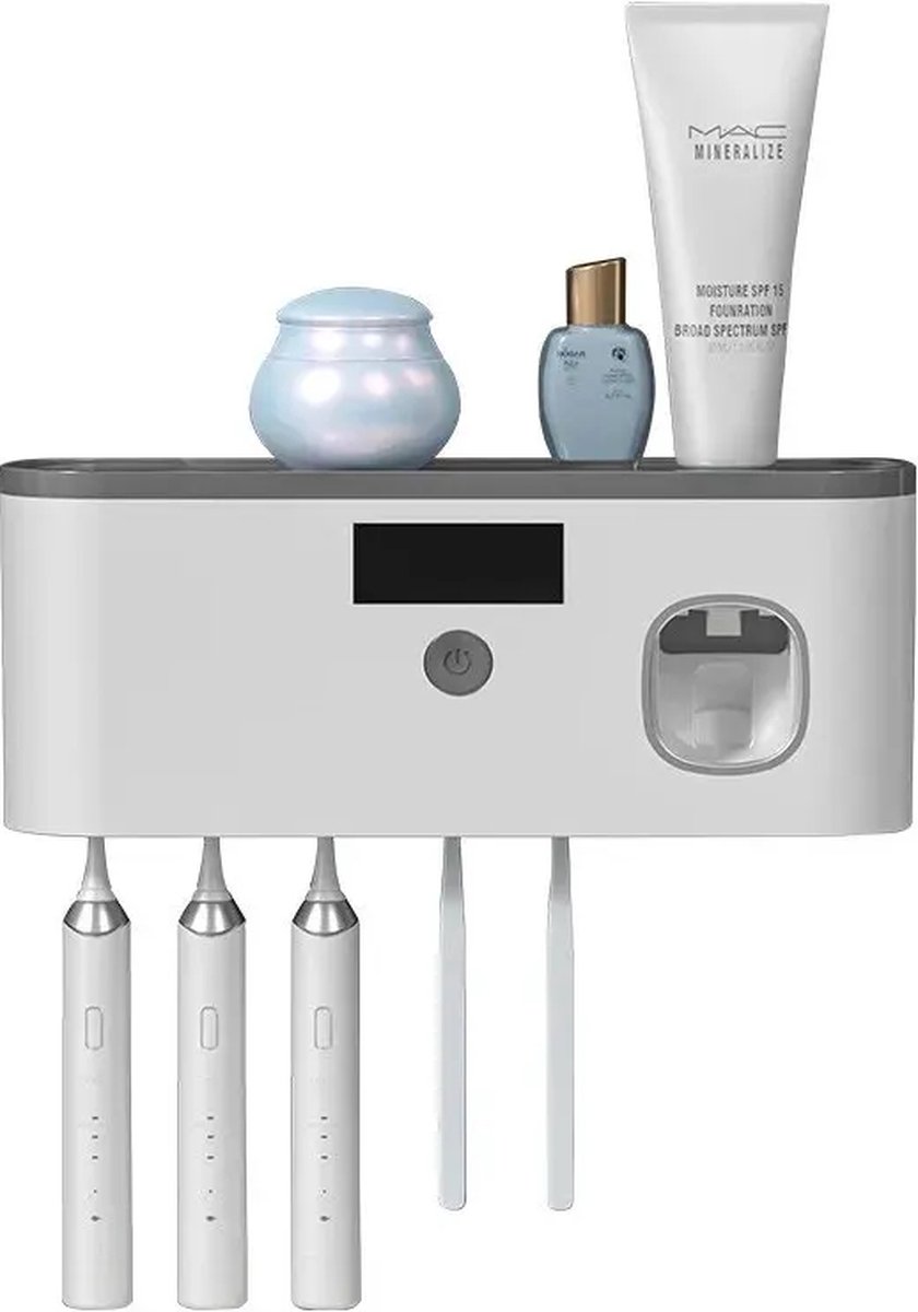 K&R Ventures® Intelligente UV Tandenborstelhouder – Automatische Tandenborstel Sterilisator met Tandpasta Dispenser – Wandgemonteerd Hygiënesysteem – UV-C Desinfectie – Grijs – Gezonde Mondverzorging