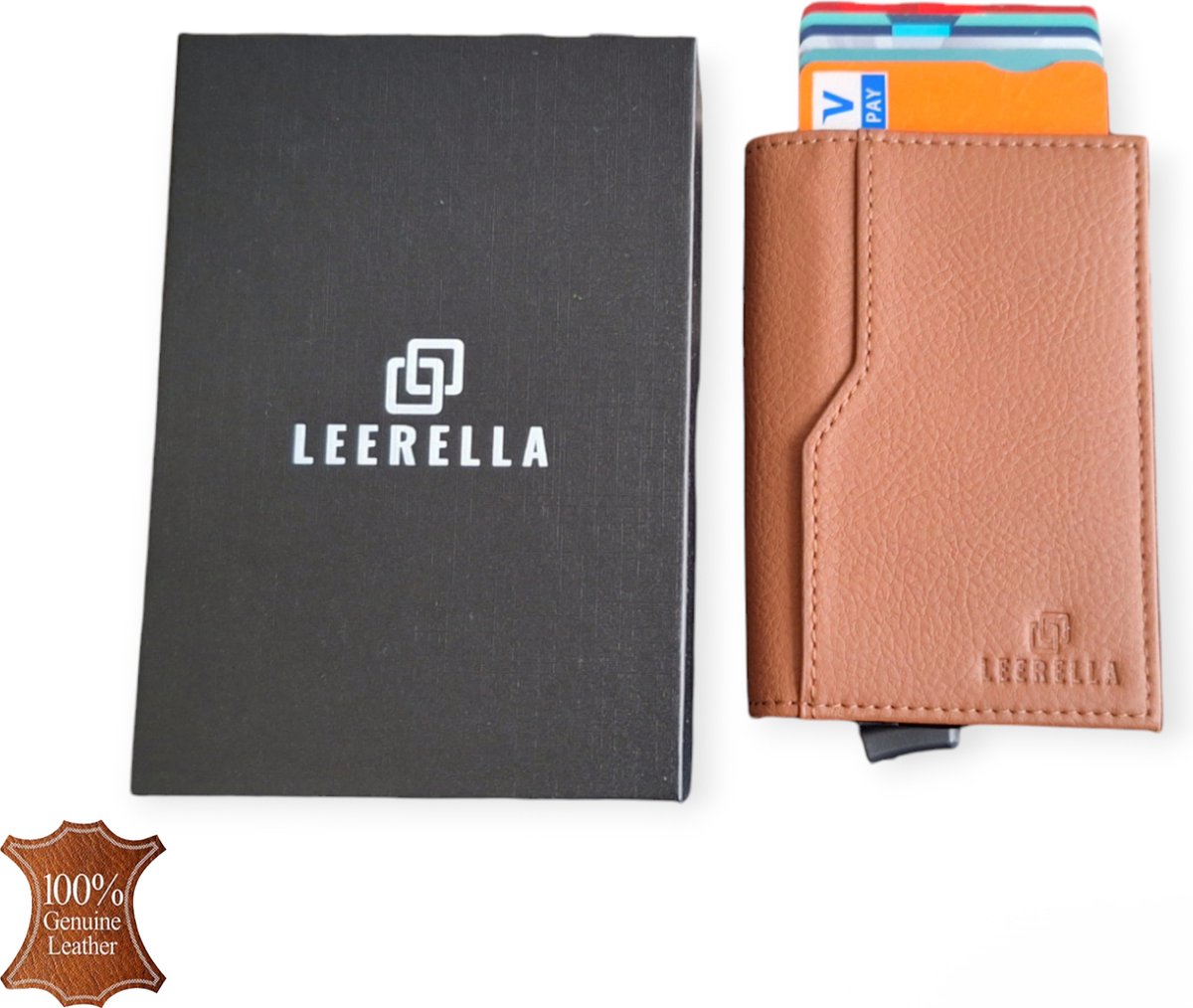 Leerella Pasjeshouder Uitschuifbaar Cognac - Kaarthouder - Creditcardhouder - Echt Leer – 10 tot 11 Pasjes - RFID Creditcardhouder - Inclusief met luxe Cadeaubox - Valentijnsdag - Verjaardag - Cadeautjes