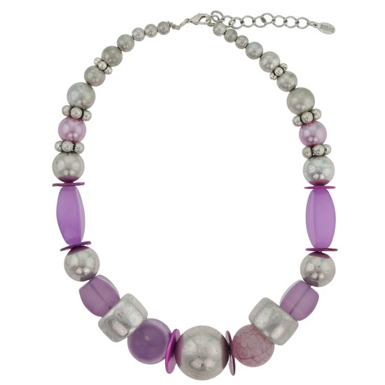 Behave - Collier 52 cm de long + chaîne d'extension 6 cm - Violet avec perles argentées aspect antique vintage