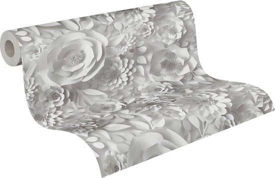 3D behang Profhome 387181-GU vliesbehang hardvinyl warmdruk in reliëf glad met grafisch patroon mat grijs wit 5,33 m2