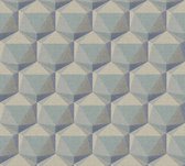 Grafisch behang Profhome 387484-GU vliesbehang hardvinyl warmdruk in reliëf licht gestructureerd met geometrische vormen mat turkoois beige blauw grijs 5,33 m2