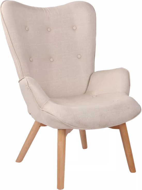 In And OutdoorMatch Luxe loungestoel Michaela - Eetkamerstoel - Creme stof - Houten poten - Set van 1 - Zithoogte 49 cm - Deluxe