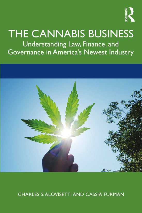 Boekomslag: 'The Cannabis Business' met een hand die een cannabisblad tegen de zon houdt.