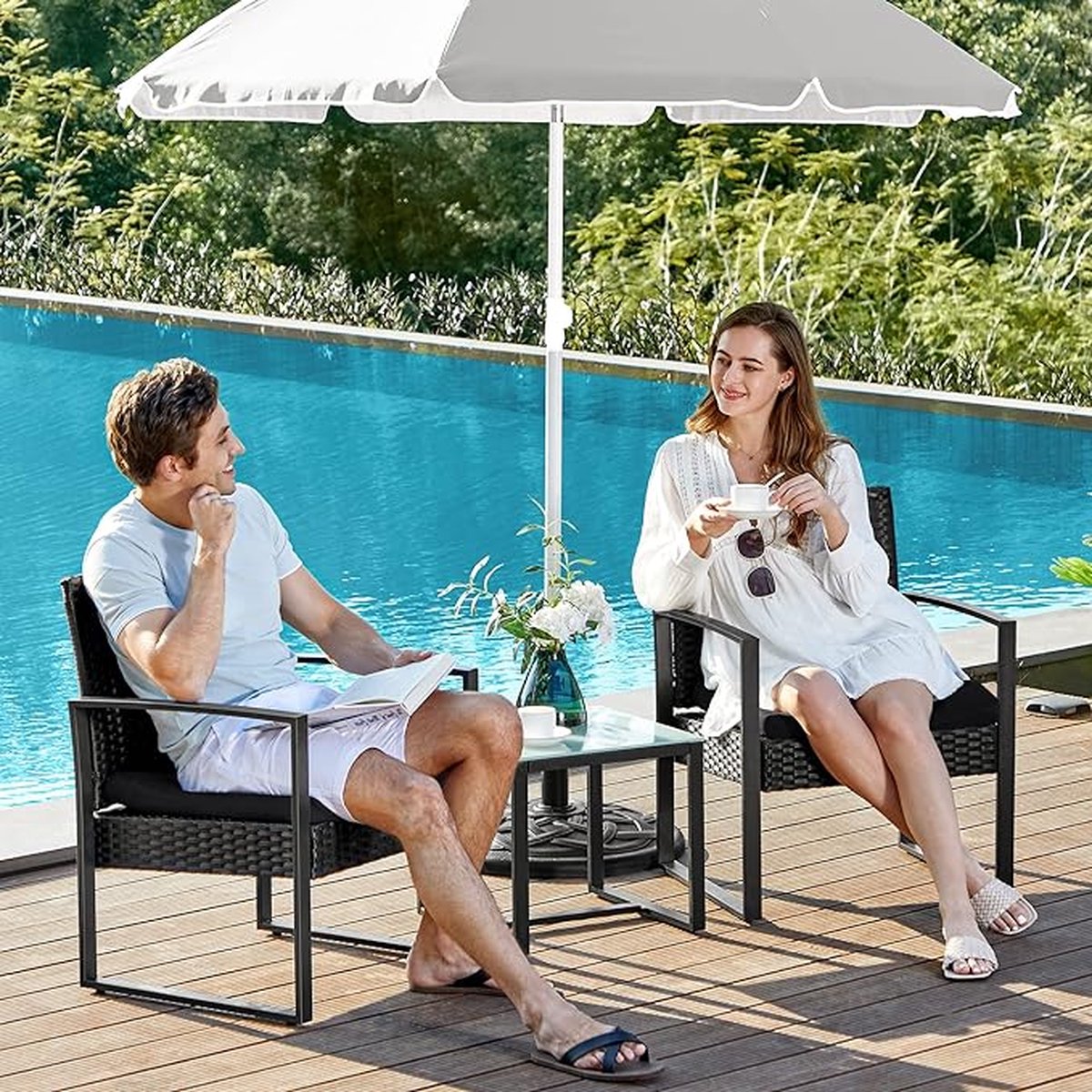 SONGMICS Balkonmeubilair, tuinset, gemaakt van PE polyrattan, loungeset, tafel en 2 stoelen, terrasmeubilair, eenvoudig te monteren, buiten, voor terras, balkon, tuin, zwart GGF010B05 – foto 6