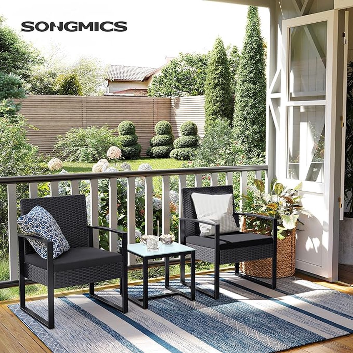 SONGMICS Balkonmeubilair, tuinset, gemaakt van PE polyrattan, loungeset, tafel en 2 stoelen, terrasmeubilair, eenvoudig te monteren, buiten, voor terras, balkon, tuin, zwart GGF010B05 – foto 2