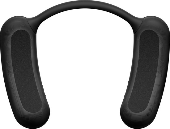 Zwarte nekbandspeaker met twee ovale, stoffen luidsprekers en een gebogen hoofdband.