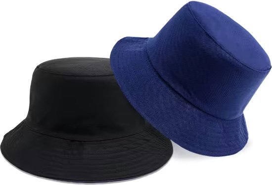 Bucket Hat Deluxe - Stevig Vissershoedje - Blauw & Zwart - Reversible - Dubbellaags - Maat 58 cm - Katoen - Polyester - Heren - Dames - Festival Accessoire - Festivalhoedje - Regenhoedje - Zonnehoedje - Emmerhoed - Hoed - Unisex
