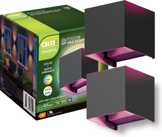 Calex Smart Outdoor Slimme LED Wandlamp - Set van 2 Stuks - Slimme Up & Down Buitenlamp - Binnen & Buiten - Bediening via App - RGB Kleuren en Warm Wit Licht