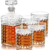whisky lux Belle Vous Whisky Decanteer Set (5 Stuks) – 500 ml Likeur Karaf met 4 260 ml Gegraveerde Glazen – Decanteer Set Ideaal Voor Whisky, Wijn, Brandewijn, Bourbon en Andere Likeuren