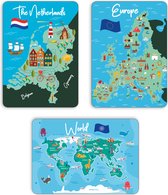 Kleurrijke set van 6 ansichtkaarten met daarop een landkaart - map cards - Postcrossing - Leuke Post - Nederland - Europa - Wereld