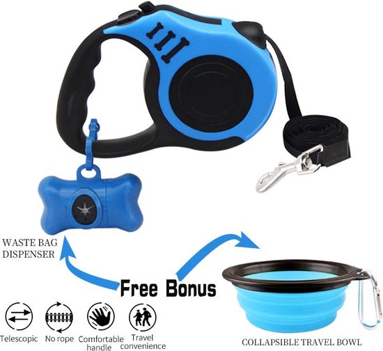 FlexiPaws - Hondenriem - automatisch intrekbaar - Rollijn Blauw - 5M - Rollijn Hond - Leiband hond met remknop