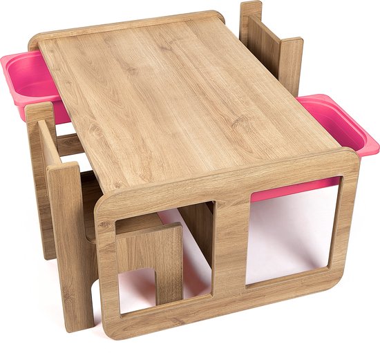 Industrial Living kindertafel met 2 roze opberglades - Speeltafel - 2 kinderstoelen - Activiteitentafel - Speeltafel - Kinderbureau - Hout - Walnoot