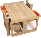 Industrial living kindertafel met 2 oranje opberglades - Kinderbureau - Speeltafel met 2 kinderstoelen - Activiteitentafel - Tekentafel - Hout - Walnoot