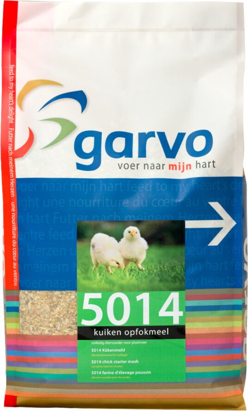 Wit met groene en blauwe strepen, met twee kuikens op een grasveld en de tekst 5014 kuiken opfokmeel.