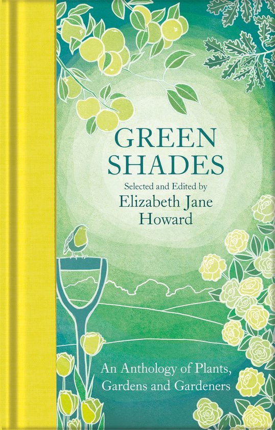 Vert avec des pommes, un jardinier, des fleurs et le titre 'Green Shades'.