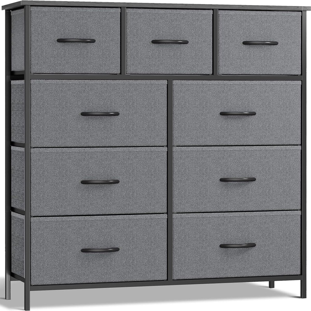 Commode - kast - stoffen ladenkast - opbergkast, 9 laden van stof met handgrepen - metalen frame ladenkast - grijs