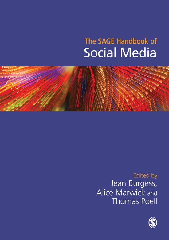 De kaft van "The SAGE Handbook of Social Media" toont een abstract, gloeiend lichteffect in rood, oranje en paars.