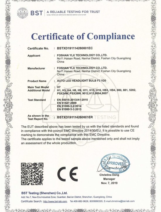 Certificaat van overeenstemming voor een H7 LED koplamplamp F3 V20.