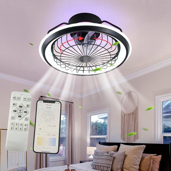 Plafondventilator met Verlichting - App & Afstandsbediening - Stille Plafondlamp - 6 Snelheden - 3 Kleuren - Plafond Ventilator met 2u Timer - 64W