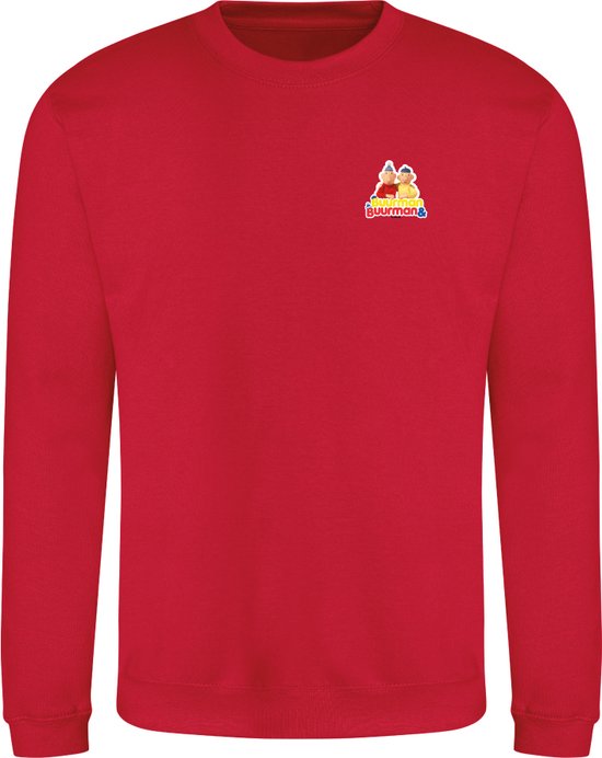 Rode sweater met klein 'Buurman & Buurman' logo op de borst.