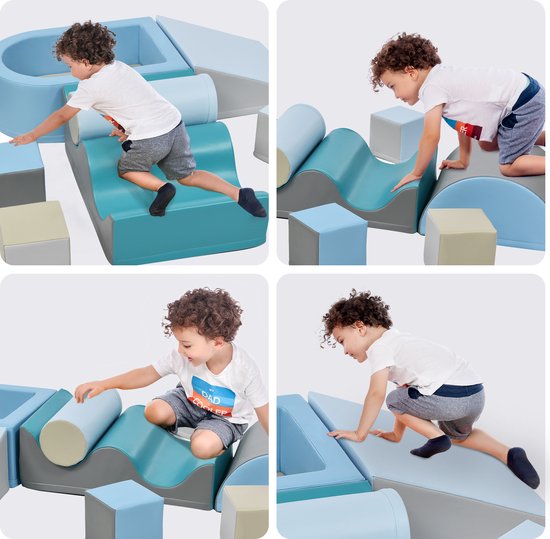 9-delige bouwstenen om rond te rennen en te klimmen. Bouwstenen voor kinderen. Trappen, glijbaan en ballenbak voor kinderen voor kleuters en baby's, zachte bouwstenen, kleurrijk. Zonder bal. van Triclimb — afbeelding 4