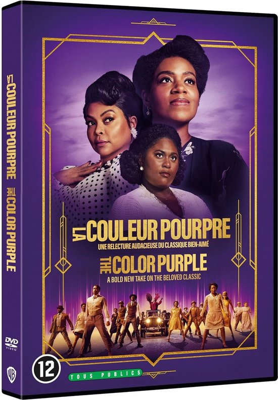 DVD-hoes van "The Color Purple" met drie vrouwen en een groep dansers, tekst: La Couleur Pourpre.